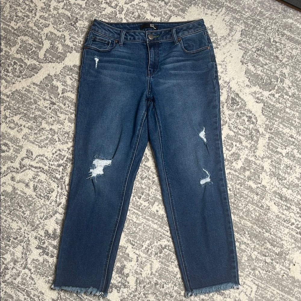 1822 Denim Distressed Dark Blue Cropped Ankle Jeans